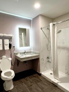a bathroom with a toilet and a sink and a shower at Super 8 by Wyndham Cedar Rapids in Cedar Rapids +22 photos