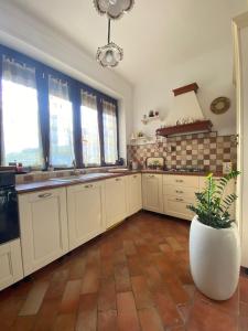 a kitchen with white cabinets and a plant in a pot at Villa Ginevra in Taranto +16 photos