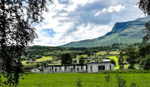 a house in a field with mountains in the background at Mjøsvang Kafe in Vang I Valdres