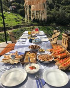 a long table with plates of food on it at Escala 100 Organic Farm Glamping cerca a Bogotá in Fosca