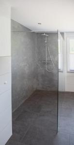 a bathroom with a shower with a glass door at Ferienhuus 35 in Leer +20 photos
