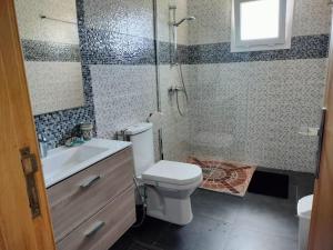 a bathroom with a toilet and a shower and a sink at Appartement au bord de la mer in Saidia  +18 photos