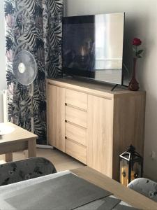a living room with a television on a wooden cabinet at Kosmos nad morzem in Dziwnówek