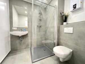 a bathroom with a shower and a toilet and a sink at GOLDVILLA - Wesseling SW in Wesseling