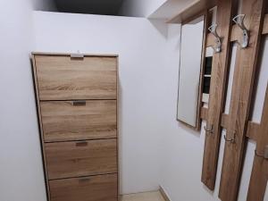 a bathroom with a closet with wooden drawers and a mirror at Stan na dan BALANS in Ledine