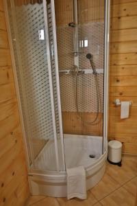 a shower with a glass enclosure in a bathroom at SikorQa Domek nad jeziorem in Skrzeszew
