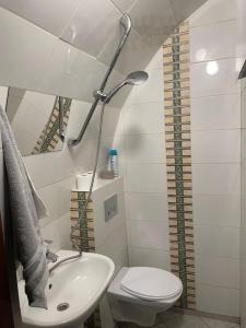 Un baño con un inodoro blanco y un lavabo. en Ceglany kąt, en Zielona Góra 2 fotos más