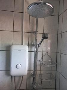 a shower in a bathroom with a shower head at Grateful Corner Apartment Curaçao in Willemstad