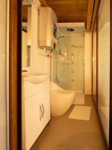 un bagno con vasca, lavandino e doccia di Casa din sat a Marginea Pădurii