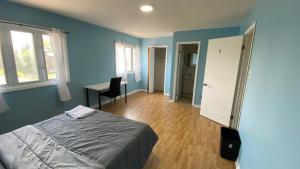 a bedroom with blue walls and a bed and a desk at Shelby in Mississauga