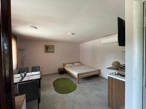 a room with a bed and a desk with a television at Apartmani Morava 54 in Kočino Selo