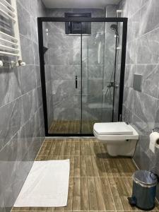a bathroom with a shower and a toilet at Ozn Suit Airport Hotel in Arnavutköy +16 photos