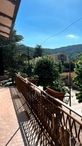 a wooden fence with potted plants on a balcony at I Tigli in Sellano