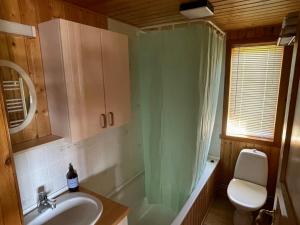 Baðherbergi á Dreamy cabin with a garden +17 myndir