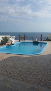 a large blue swimming pool with the ocean in the background at Maxanika in Jacmel