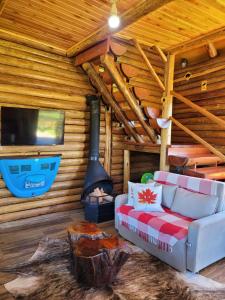 a living room with a couch in a log cabin at Cabana Canadense na serra gaúcha in São José do Hortêncio