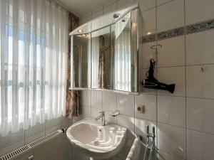 un bagno con un lavandino, uno specchio e una finestra di Ferienwohnung-Bickelstein a Olsdorf
