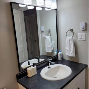 a bathroom with a sink and a large mirror at The Owusu's Villa in Dieppe +30 photos