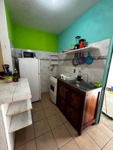 een kleine keuken met een spoelbak en een koelkast bij Casa Flor de Mayo in Santa Cruz Huatulco