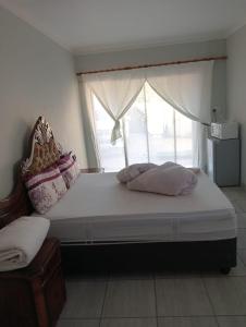 a bedroom with a large bed with pillows and a window at Dne Blue Star in Mahikeng