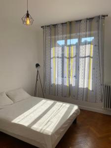 a bedroom with a bed and a window with curtains at Appartement Flores in Nice
