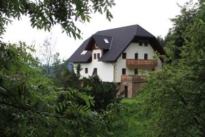 a white house with a black roof at Farmstay Hiša Pečovnik in Luče