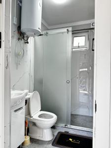 a bathroom with a toilet and a shower and a sink at Nomads Home in Bishkek