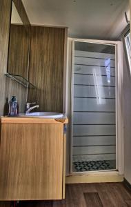 a small bathroom with a shower and a sink at Mobilhome 3 chambres 6 personnes in Saint-Loup