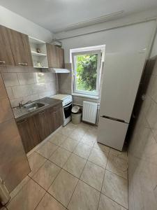 a small kitchen with a sink and a refrigerator at Affordable apartment close to the castle in Hunedoara