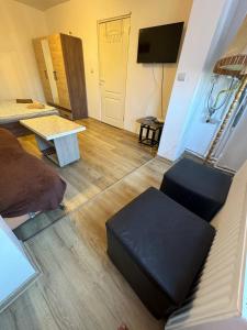 a living room with a couch and a table at Affordable apartment close to the castle in Hunedoara