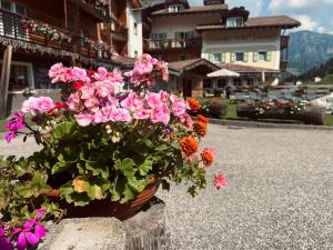 a pot of flowers sitting on the side of a building at Hotel Valacia in Pozza di Fassa