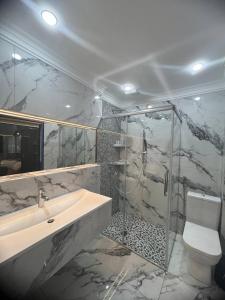 a bathroom with a shower and a sink and a toilet at Sapar Standart Hotel LUXE Люкс из двух комнат in Shymkent