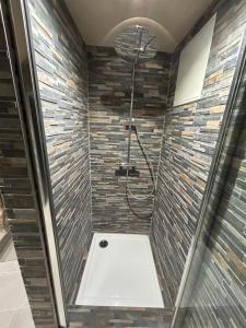 a bathroom with a shower with a glass door at Le domaine du bez gite de Jules piscine,sauna,sauna,hammam,spa in Saint-Laurent-dʼOlt +24 photos