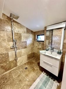 une salle de bains avec un lavabo et un miroir dans l'établissement Chambre dans villa de standing, à Montaigut-sur-Save