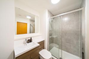 a bathroom with a shower and a toilet and a sink at Castle Street Apartment in Dundee