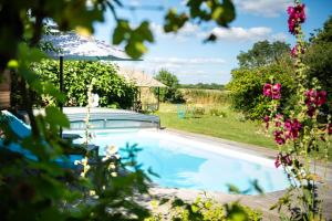 a swimming pool in a garden with an umbrella at La Jolie Longère Fleurie Tiny house avec piscine et jardin in Le Gué-dʼAlléré