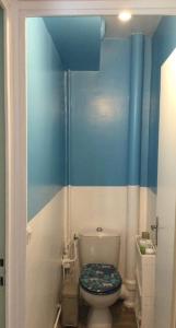 La salle de bains est pourvue de toilettes avec un mur bleu. dans l'établissement Appartement entier résidence calme à Rueil- Proche Paris, à Rueil-Malmaison 4 autres photos