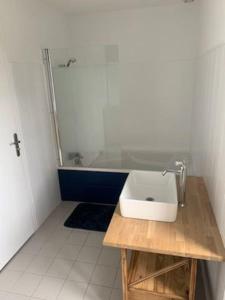a bathroom with a sink and a shower at La Babelais, 24 couchages 36 personnes pour une soirée in Saint-Médard-sur-Ille