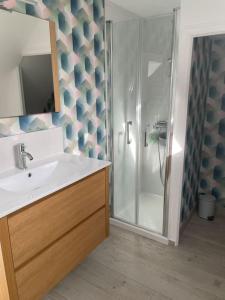 a bathroom with a shower and a sink and a mirror at Joli Studio en centre-ville in Vitré