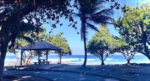 a picnic table and a gazebo on the beach at La novia Del Mar un Cocon entre Ciel et Mer in Saint-Pierre