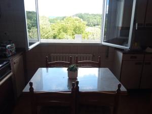a table in a kitchen with a potted plant on it at Acogedora casita de campo in Bóveda +6 photos