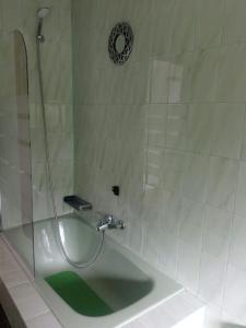 a bathroom with a shower with a green sink at Acogedora casita de campo in Bóveda