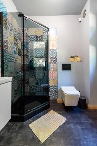 a bathroom with a shower and a toilet at Szklany Dom nad Łąkami in Zbiczno