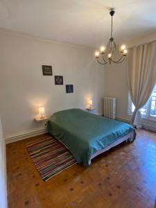 una camera con un letto verde di Appartement 6 Chambres Coeur de Ville a Soissons