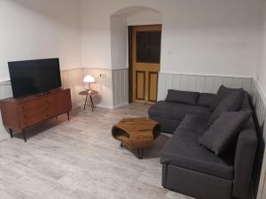 a living room with a couch and a flat screen tv at Ferienhaus mit Garten und Terrasse, zentral und ruhig in Freyburg