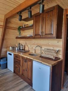 a kitchen with wooden cabinets and a sink in a cabin at Sapanca Seyrusefa Bungalov in Sakarya +21 photos
