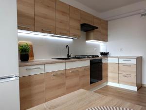 a kitchen with wooden cabinets and a sink and a stove at Apartament Biłgorajski w Śródmieściu in Biłgoraj