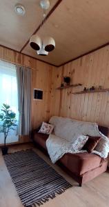 ein Schlafzimmer mit einem Bett in einem Zimmer mit Holzwänden in der Unterkunft Viesu māja Bezdelīgas in Livža
