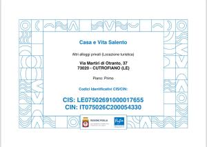 Certifikát, hodnocení, plakát nebo jiný dokument vystavený v ubytování Casa e Vita Salento - Cutrofiano