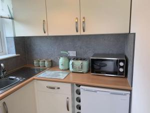 a kitchen with a counter top with a toaster and a microwave at Modern, Stylish lodge with Paddock Views in Sandwich +16 photos